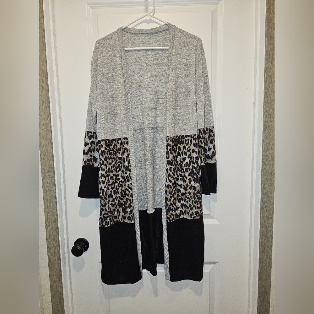 SHEIN Gray and Black Leopard Cardigan